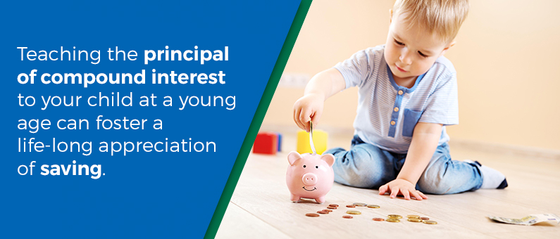 Teaching the principal of compound interest to your child at a young age can foster a life-long appreciation of saving - Image of toddler putting money in a piggy bank